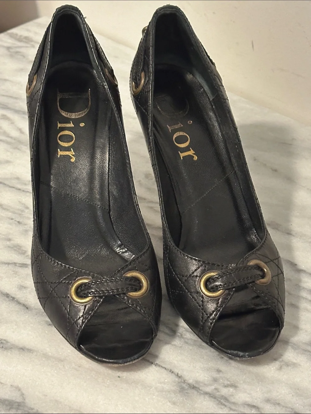 Dior Black Leather Peep-Toe Pumps with Gold Eyelet Detail & D charm Sz 37.5